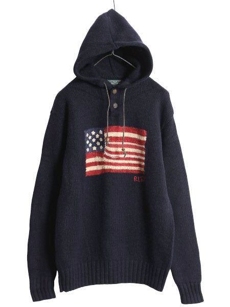 復刻 ポロカントリー ラルフローレン 星条旗 ニット パーカー メンズ M ポロ ラム ウール セーター プルオーバー ヘンリーネック ネイビー
