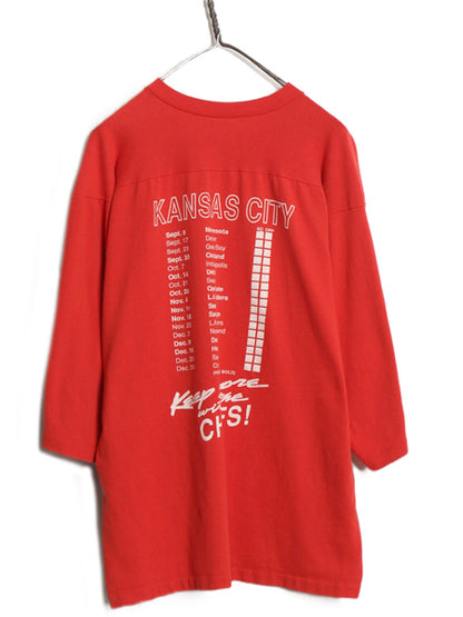 90s USA製 ★ NFL チーフス x 企業 プリント フットボール Tシャツ メンズ XL 古着 オールド 七分袖 ロンT ヘビーウェイト 大きいサイズ 赤