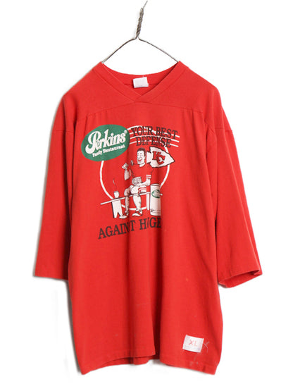 90s USA製 ★ NFL チーフス x 企業 プリント フットボール Tシャツ メンズ XL 古着 オールド 七分袖 ロンT ヘビーウェイト 大きいサイズ 赤