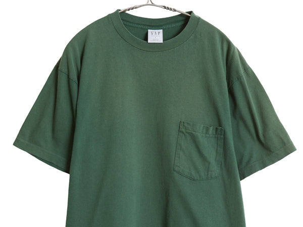 90s USA製 オールド ギャップ ポケット付き 無地 半袖 Tシャツ メンズ L シングルステッチ ヘビーウェイト コットン 耳付き ポケT グリーン