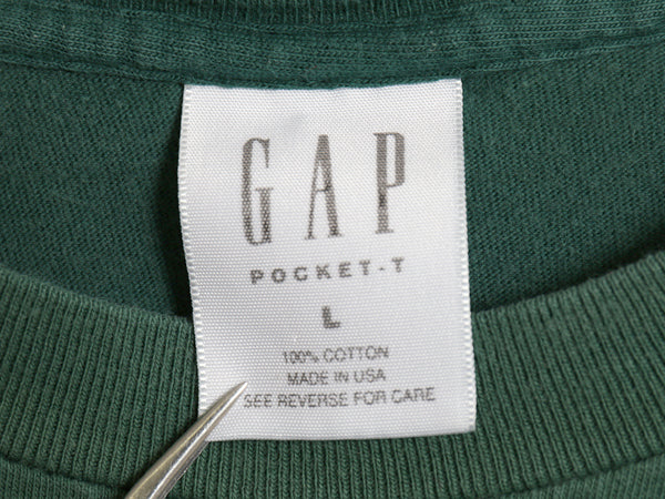 90s USA製 オールド ギャップ ポケット付き 無地 半袖 Tシャツ メンズ L シングルステッチ ヘビーウェイト コットン 耳付き ポケT グリーン