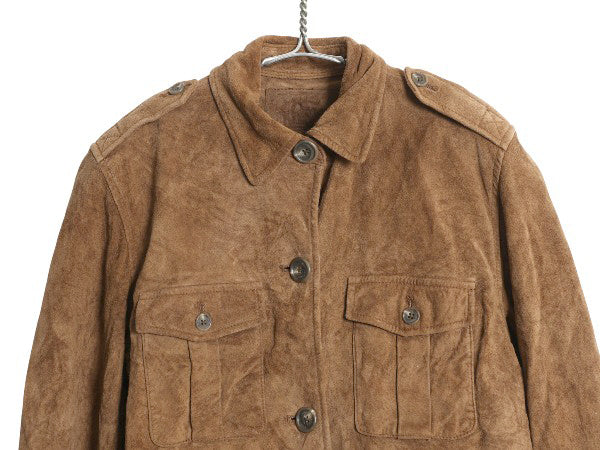 00s ローレン ラルフローレン 本革 スウェード レザー ジャケット レディース S オールド ポロ 革ジャン サファリ タイプ ハーフ コート 茶