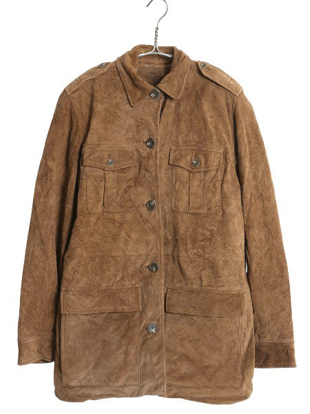 00s ローレン ラルフローレン 本革 スウェード レザー ジャケット レディース S オールド ポロ 革ジャン サファリ タイプ ハーフ コート 茶