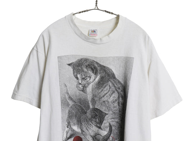 90s USA製 ネコ アート イラスト プリント 半袖 Tシャツ メンズ レディース L オールド アニマル グラフィック シングルステッチ ホワイト