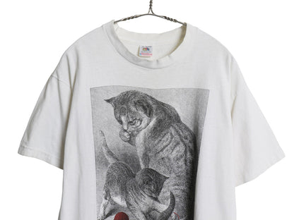 90s USA製 ネコ アート イラスト プリント 半袖 Tシャツ メンズ レディース L オールド アニマル グラフィック シングルステッチ ホワイト