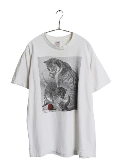 90s USA製 ネコ アート イラスト プリント 半袖 Tシャツ メンズ レディース L オールド アニマル グラフィック シングルステッチ ホワイト