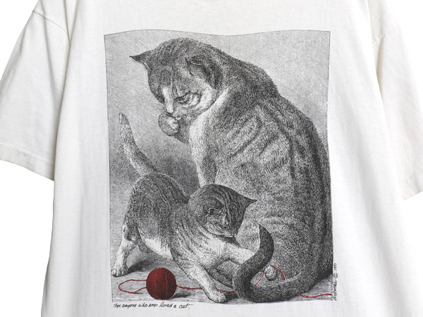 90s USA製 ネコ アート イラスト プリント 半袖 Tシャツ メンズ レディース L オールド アニマル グラフィック シングルステッチ ホワイト