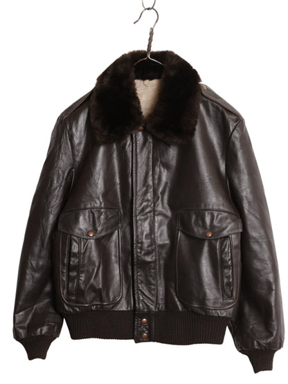 デッドストック 70s G-1 タイプ 本革 レザー フライト ジャケット メンズ M 程 ヴィンテージ A-2 革ジャン ボンバー ボア ライナー付き 茶