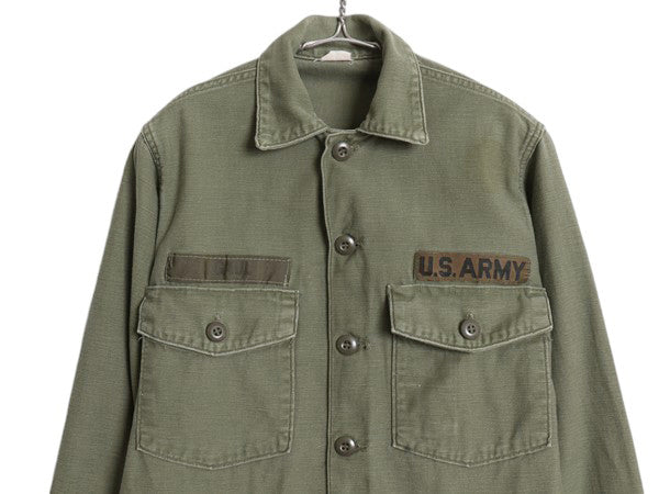 60s 米軍実物 US ARMY コットン サテン ユーティリティ シャツ S / ヴィンテージ 69年製 OG107 シャツ袖 2nd 軍物 ミリタリー ワッペン付き