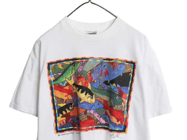 90s USA製 フィッシュ アート イラスト プリント Tシャツ メンズ レディース L / オールド シングルステッチ ヘビーウェイト ホワイト 魚