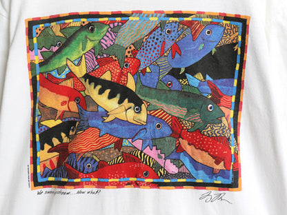 90s USA製 フィッシュ アート イラスト プリント Tシャツ メンズ レディース L / オールド シングルステッチ ヘビーウェイト ホワイト 魚