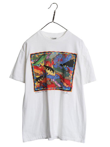 90s USA製 フィッシュ アート イラスト プリント Tシャツ メンズ レディース L / オールド シングルステッチ ヘビーウェイト ホワイト 魚