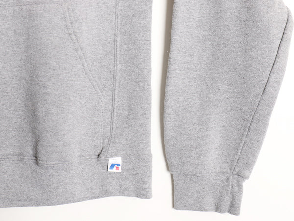 00s ラッセル 3段 カレッジ プリント スウェット フード パーカー メンズ レディース S / オールド 古着 前V ミドルウェイト 裏起毛 グレー