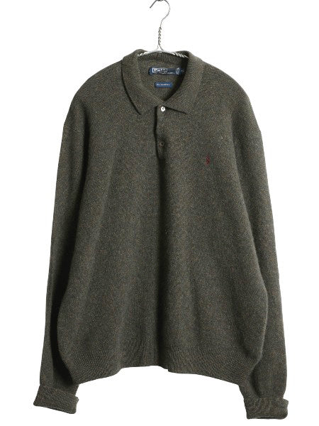 90s ポロ ラルフローレン ニット ポロシャツ メンズ XL オールド ラム ウール ハイゲージ セーター 大きいサイズ シンプル カーキ グリーン