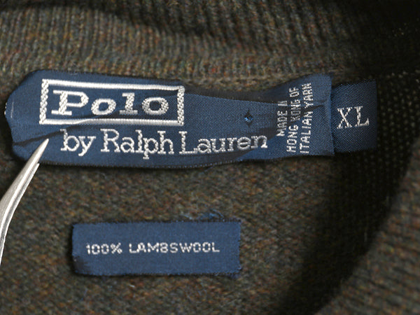 90s ポロ ラルフローレン ニット ポロシャツ メンズ XL オールド ラム ウール ハイゲージ セーター 大きいサイズ シンプル カーキ グリーン