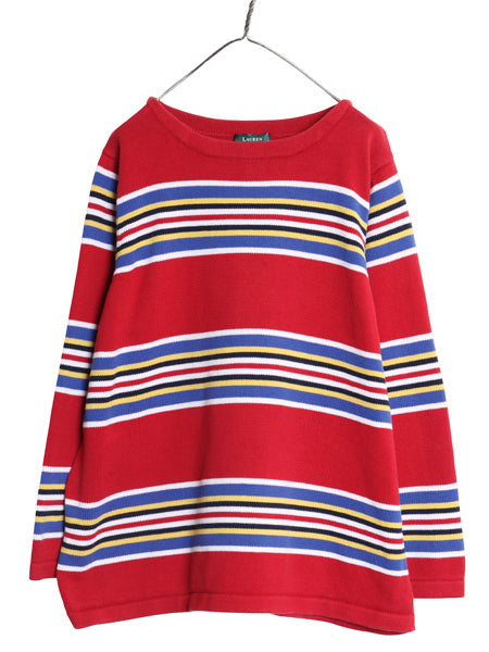 90s ローレン ラルフローレン ボーダー ニット トップス レディース XXXL / ポロ オールド コットン ボートネック セーター 大きいサイズ
