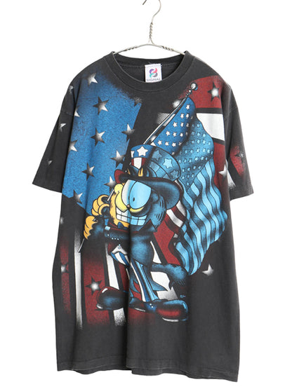 90s USA製 ガーフィールド オーバー プリント Tシャツ メンズ L オールド シングルステッチ キャラクター 星条旗 ヘビーウェイト ブラック