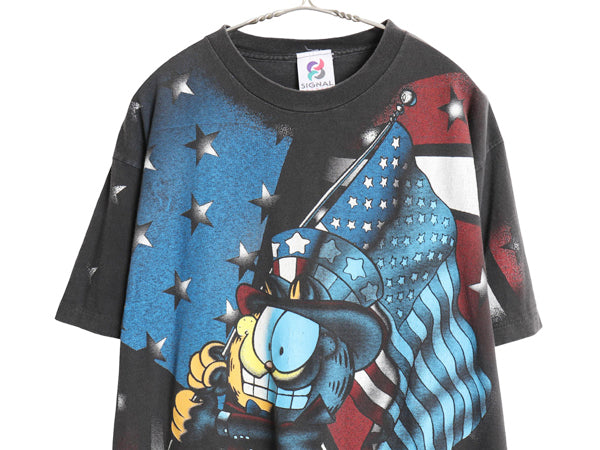90s USA製 ガーフィールド オーバー プリント Tシャツ メンズ L オールド シングルステッチ キャラクター 星条旗 ヘビーウェイト ブラック