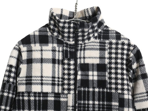 00s ローレン ラルフローレン フルジップ フリース ジャケット レディース S 古着 オールド ポロ パッチワーク チェック ジャンパー 黒 白