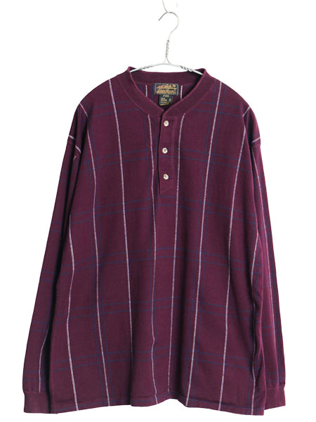 90s USA製 エディーバウアー ヘンリーネック 長袖 Tシャツ メンズ XL 古着 黒タグ オールド ロンT チェック ストライプ 織柄 大きいサイズ