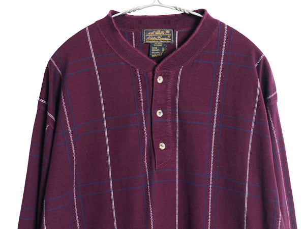 90s USA製 エディーバウアー ヘンリーネック 長袖 Tシャツ メンズ XL 古着 黒タグ オールド ロンT チェック ストライプ 織柄 大きいサイズ