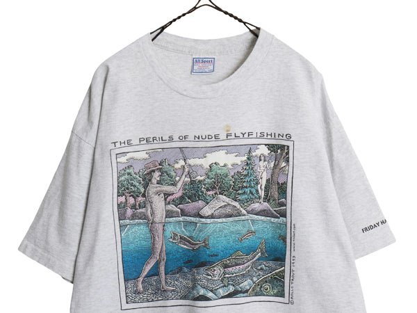  90s USA製 ★ 下ネタ ジョーク イラスト プリント Tシャツ メンズ XL / オールド シングルステッチ エロ アート フィッシング キャラ