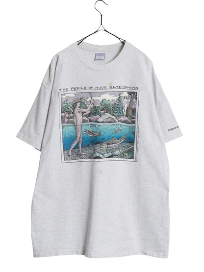  90s USA製 ★ 下ネタ ジョーク イラスト プリント Tシャツ メンズ XL / オールド シングルステッチ エロ アート フィッシング キャラ