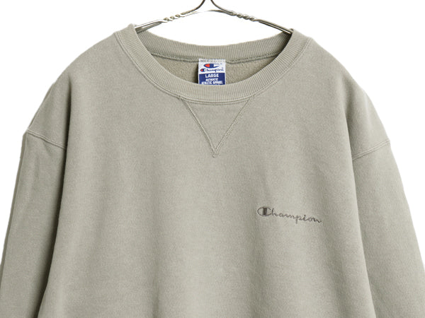 90s チャンピオン ワンポイント スウェット メンズ レディース L オールド 裏起毛 トレーナー スクリプト ロゴ 前V 目付き シンプル カーキ