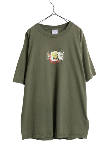 00s ★ スポンジボブ イラスト プリント Tシャツ メンズ XL / 古着 オールド 当時物 キャラクター アニメ グラフィック オリーブ ALLSPORT