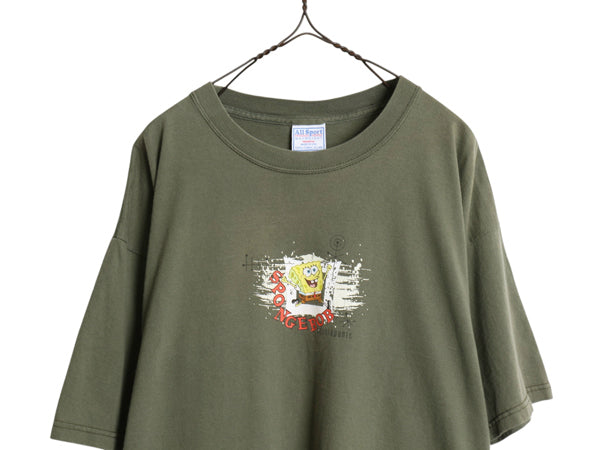 00s ★ スポンジボブ イラスト プリント Tシャツ メンズ XL / 古着 オールド 当時物 キャラクター アニメ グラフィック オリーブ ALLSPORT