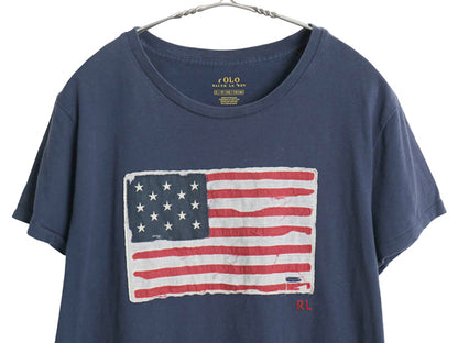 ポロ ラルフローレン 半袖 Tシャツ レディース XL ヴィンテージ 加工 星条旗 ロゴ コットン カットソー シングルステッチ 大きいサイズ 紺