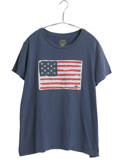 ポロ ラルフローレン 半袖 Tシャツ レディース XL ヴィンテージ 加工 星条旗 ロゴ コットン カットソー シングルステッチ 大きいサイズ 紺