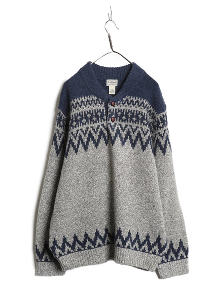 エルエルビーン ヘンリーネック ニット セーター メンズ XL ラム ウール フェアアイル ノルディック 総柄 求心柄 バーズアイ 大きいサイズ