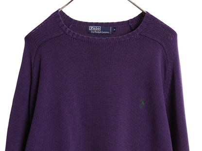 90s ポロ ラルフローレン コットン ニット セーター メンズ XL 古着 オールド クルーネック リブ編み ワンポイント ポニー 大きいサイズ 紫