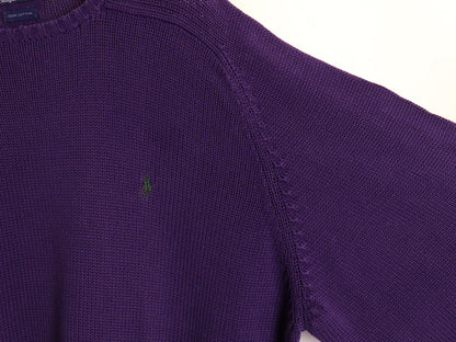 90s ポロ ラルフローレン コットン ニット セーター メンズ XL 古着 オールド クルーネック リブ編み ワンポイント ポニー 大きいサイズ 紫