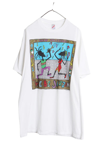 90s USA製 ジャズ アート イラスト プリント Tシャツ メンズ XL / オールド 音物 グラフィック ヘビーウェイト コットン 大きいサイズ 白