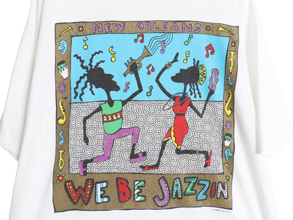 90s USA製 ジャズ アート イラスト プリント Tシャツ メンズ XL / オールド 音物 グラフィック ヘビーウェイト コットン 大きいサイズ 白