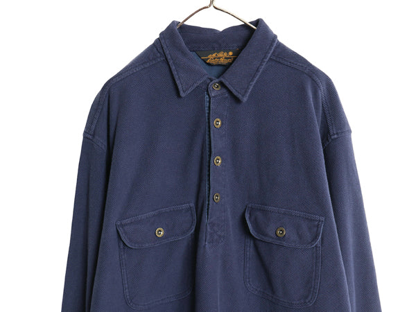 90s エディーバウアー 長袖 ポロシャツ メンズ XL 古着 黒タグ オールド ヘビーウェイト コットン ツイル 無地 長袖シャツ 大きいサイズ 紺