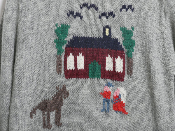 80s シェットランド ウール デザイン ニット セーター レディース S 程/ ヴィンテージ バーズアイ 絵柄 手編み ハンドメイド イラスト 灰