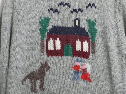 80s シェットランド ウール デザイン ニット セーター レディース S 程/ ヴィンテージ バーズアイ 絵柄 手編み ハンドメイド イラスト 灰