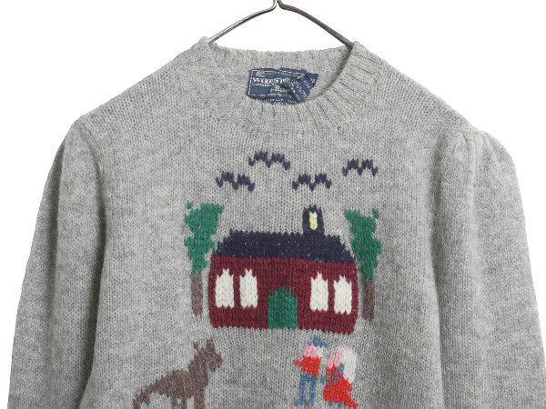 80s シェットランド ウール デザイン ニット セーター レディース S 程/ ヴィンテージ バーズアイ 絵柄 手編み ハンドメイド イラスト 灰