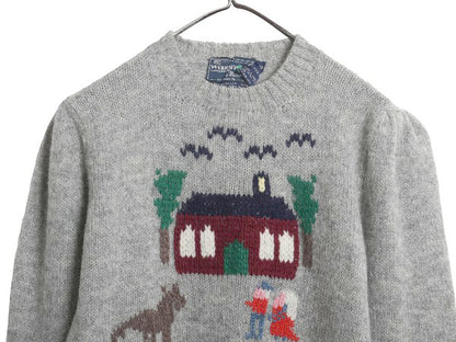 80s シェットランド ウール デザイン ニット セーター レディース S 程/ ヴィンテージ バーズアイ 絵柄 手編み ハンドメイド イラスト 灰