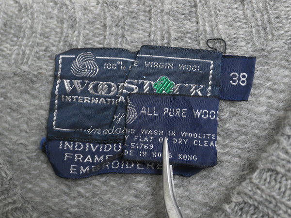 80s シェットランド ウール デザイン ニット セーター レディース S 程/ ヴィンテージ バーズアイ 絵柄 手編み ハンドメイド イラスト 灰