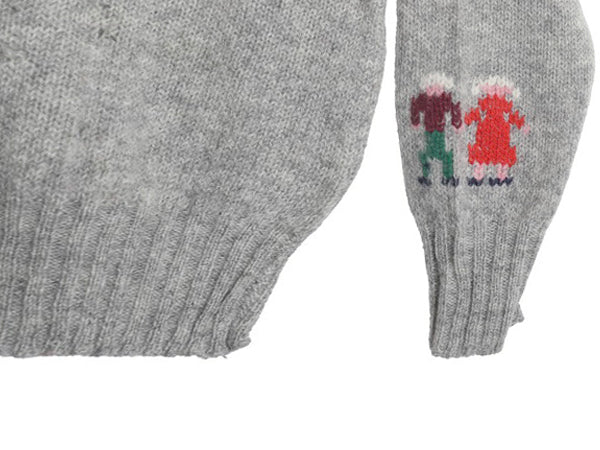 80s シェットランド ウール デザイン ニット セーター レディース S 程/ ヴィンテージ バーズアイ 絵柄 手編み ハンドメイド イラスト 灰