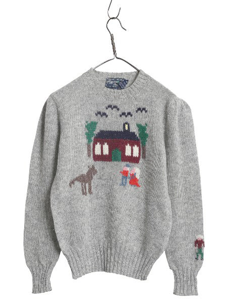 80s シェットランド ウール デザイン ニット セーター レディース S 程/ ヴィンテージ バーズアイ 絵柄 手編み ハンドメイド イラスト 灰