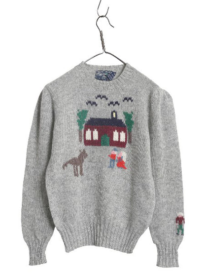 80s シェットランド ウール デザイン ニット セーター レディース S 程/ ヴィンテージ バーズアイ 絵柄 手編み ハンドメイド イラスト 灰