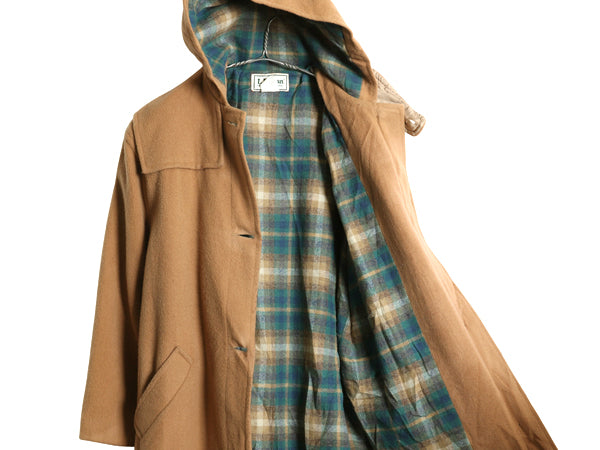 80s USA製 エルエルビーン ダッフル コート レディース L / ヴィンテージ 旧タグ メルトン ウール ロング チェック ライナー付き キャメル