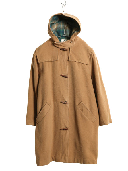 80s USA製 エルエルビーン ダッフル コート レディース L / ヴィンテージ 旧タグ メルトン ウール ロング チェック ライナー付き キャメル