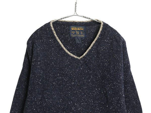 00s USA製 ウールリッチ ニット セーター メンズ L / 旧タグ オールド Vネック ウール ミドルゲージ リンガー タイプ ネップ 長袖ニット 紺