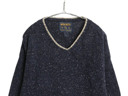00s USA製 ウールリッチ ニット セーター メンズ L / 旧タグ オールド Vネック ウール ミドルゲージ リンガー タイプ ネップ 長袖ニット 紺